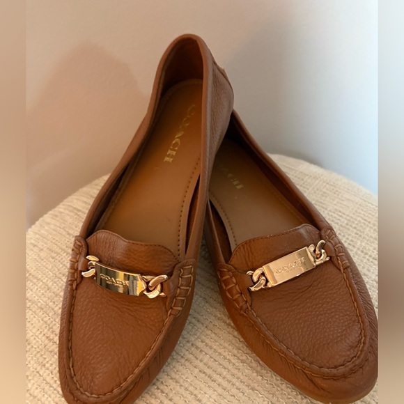 Coach Brown Leather Loafers Gold Logo Hardware Flats - Picture 2 of 5